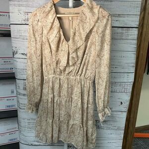 GRADE & GATHER Women's Beige Floral Ruffle Tiered Mini Dress Long Sleeve V-Neck